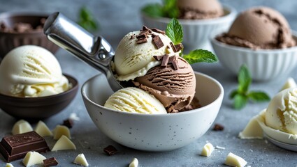 Poster - Delicious Chocolate and Vanilla Ice Cream Scoops with Mint Garnish and Chocolate Chunks in a White Bowl Perfect for Summer Treats