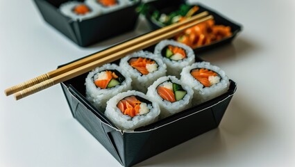 Poster - Sushi Rolls in Black Takeaway Box with Wooden Chopsticks Surrounded by Fresh Ingredients on a White Background and Empty Space for Text