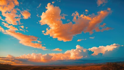 Wall Mural - vibrant sunset sky with colorful orange and white clouds over a calm landscape