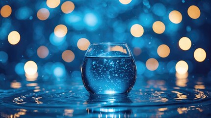 Poster - Elegant blue bokeh background with a glass of water creating a serene and magical atmosphere. Ideal for design and creative projects.
