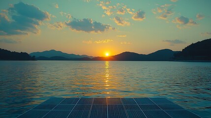 Canvas Print - Sunset over lake, solar panels dock, mountain view