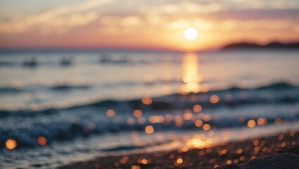 Poster - Serene Bokeh Sunset Over Tranquil Beach With Gentle Waves And Glowing Reflections