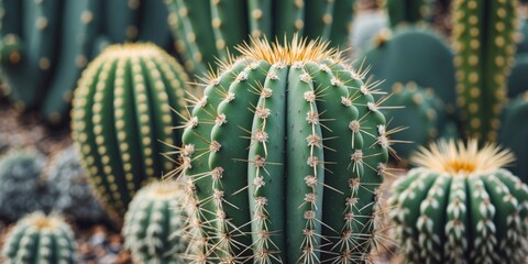 Wall Mural - Closeup of Green Cacti in a Desert Garden with Spines and Empty Space for Text, Nature Focus, Tropical Plants, Succulent Background