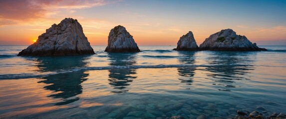 Wall Mural - tranquil sunset over serene sea with rocky silhouettes ideal for travel, vacation, and relaxation th
