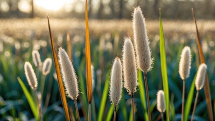 Wall Mural - Cattails Swaying in Spring Light with Soft Focus on Lush Green Background