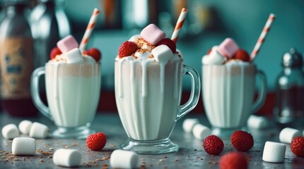 Poster - Delicious Milkshakes Topped With Marshmallows And Fresh Berries Perfect For Summer Refreshments In A Cozy Hospitality Setting