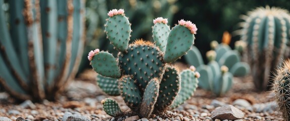 Wall Mural - Vibrant close-up of a flowering cactus in a garden setting with a blurred background and ample space for text or design overlays.