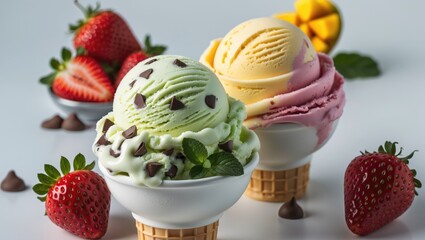 Poster - Delicious Ice Cream Scoops in Mint Chocolate Chip, Strawberry, and Mango Flavors Surrounded by Fresh Strawberries and Mint Leaves