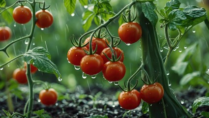 Wall Mural - Fresh Cherry Tomatoes on Vines in Organic Garden After Rain with Water Droplets and Lush Green Background for Text Overlay