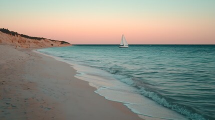 Canvas Print - Sunset sailboat, sandy beach, tranquil ocean waves