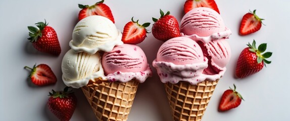 Canvas Print - Delicious Strawberry Ice Cream in Waffle Cones Surrounded by Fresh Strawberries on White Background with Space for Text