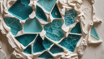 Poster - Abstract Art Composition of Shattered Glass Embedded in Textured Plaster Background Featuring Vivid Shades of Blue and Green