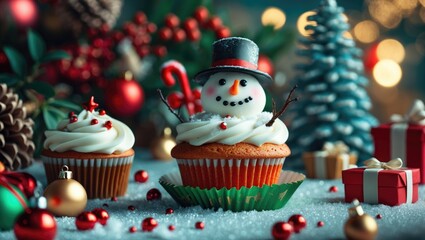 Canvas Print - Festively Decorated Christmas Cupcake Featuring Snowman Topping Surrounded By Holiday Ornaments And Gifts