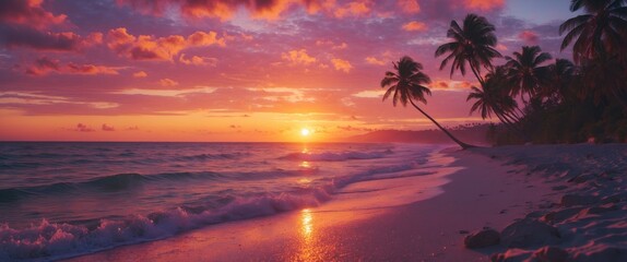 Wall Mural - tropical beach sunset with vibrant colors and silhouetted palm trees overlooking calm ocean waves