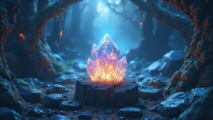 Poster - Mystical glowing crystal radiating vibrant light in an ethereal fantasy setting