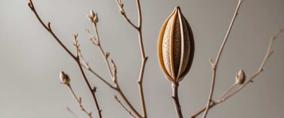 Wall Mural - Dried seed pod with slender branches showcasing natural textures in a minimalist setting for botanical and artistic themes.