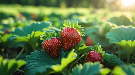 Wall Mural - Close up of ripe strawberries nestled among vibrant green leaves in sunlight showcasing nature and farming in a rural setting.