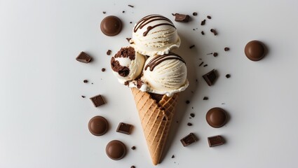 Poster - Delicious Chocolate Ice Cream Cone with Toppings on White Background for Dessert and Food Themed Designs