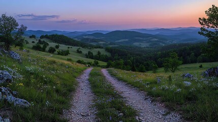 Sticker - Sunset trail, hilltop wildflowers, mountain vista, rural landscape, travel poster