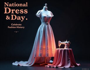 National Dress Day Celebrate Fashion History with Elegant Vintage Gown and Sewing Machine