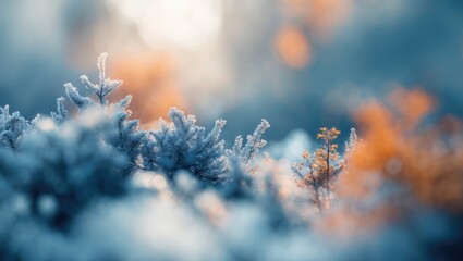Poster - Frosty abstract background with blurred nature elements in soft blue and orange tones creating a serene and tranquil atmosphere.