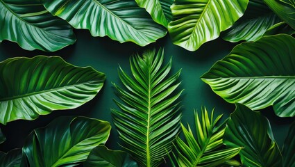 Wall Mural - Lush Green Tropical Leaves Background for Nature Inspired Designs and Eco-Friendly Themes, Perfect for Banners and Flat Lay Displays.