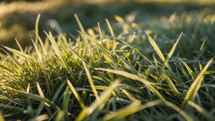 Wall Mural - Close-up View of Lush Green Grass Illuminated by Golden Hour Sunlight and Soft Shadows