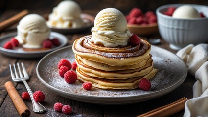 Canvas Print - Delicious Cinnamon Roll Pancakes Topped with Ice Cream and Raspberries on Rustic Wooden Table