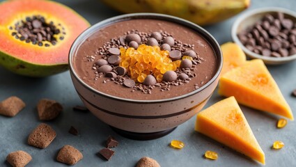 Wall Mural - Chocolate smoothie bowl adorned with fresh papaya slices and toppings, ideal for healthy eating and recipe promotion with space for text.