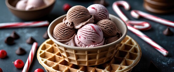 Poster - Chocolate ice cream scoops in a waffle bowl surrounded by candy canes and chocolate chips on a textured surface with space for text.