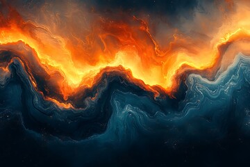 Wall Mural - Vibrant abstract cosmic landscape with fiery orange and deep blue swirls, evoking a sense of energy