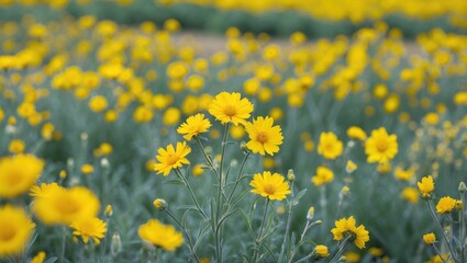 Poster - Vibrant Yellow Flowers in Full Bloom Creating a Lush Field of Natural Beauty with Soft Green Background