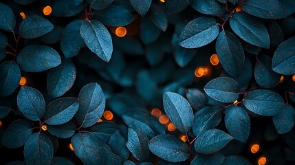 Poster - Teal leaves, bokeh lights, night garden, website banner