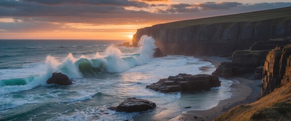 Wall Mural - dramatic sunset over blowhole beach waves crashing against rocks coastal clifftop scenic view natura