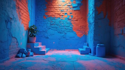 Fototapete - Vibrant blue painted brick wall texture with illuminated lighting and plant in a modern abstract interior setting.