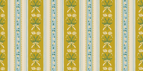 Leinwandbilder - Colorful vintage flower art seamless pattern illustration. Retro nature floral background in hand drawn style. Spring season decoration texture, nature textile drawing print.