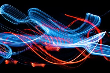 Wall Mural - Photo visual is characterized by vibrant blue and red light trails that smoothly flow across a black backdrop, creating an abstract and energetic atmosphere.
