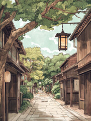 A vintage Japanese drawing of an old street in Kobe