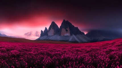 Wall Mural - A stunning landscape captures a vibrant field of pink flowers against dramatic mountains under a striking twilight sky, Ideal for nature-themed projects, travel brochures, or as wall art,