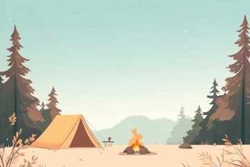 Fototapete - Camping under the stars with a warm fire and cozy tent in a serene forest setting. Generative AI