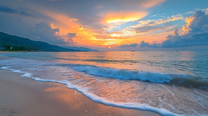Poster - Tropical beach sunset, waves gently lapping shore, hills in distance