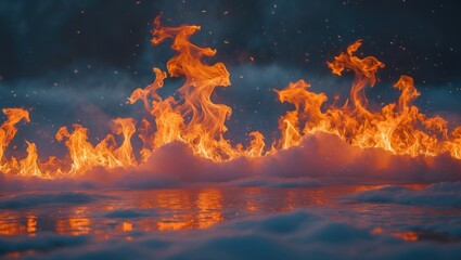 Wall Mural - vibrant abstract flames dancing over reflective surface creating dramatic visual contrast with soft 