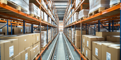 Aufkleber - Warehouse interior with stacked boxes and shelves