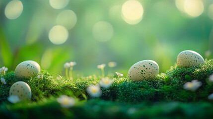 Wall Mural - Colorful speckled eggs nestled among blooming wildflowers under a sunlit sky on Easter Sunday morning