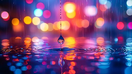 Canvas Print - Water droplet falling, city bokeh, night, reflection