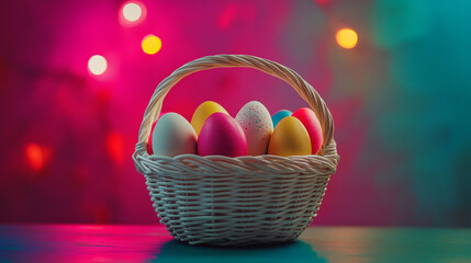 Wall Mural - Vibrant easter basket filled with colorful decorated eggs against a cheerful background