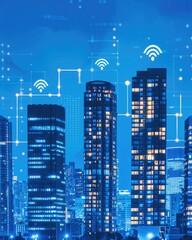 Poster - A modern city skyline at night, illuminated by lights, with digital connection icons symbolizing technology and smart living.