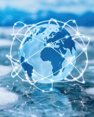Poster - A digital globe surrounded by interconnected lines, representing global connectivity and technology over a water surface.