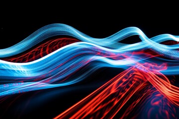 Wall Mural - Photo visual is characterized by vibrant blue and red light trails that smoothly flow across a black backdrop, creating an abstract and energetic atmosphere.
