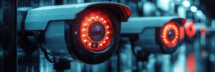 Poster - Graphic layouts showcasing security cameras with illuminated features in a modern setting